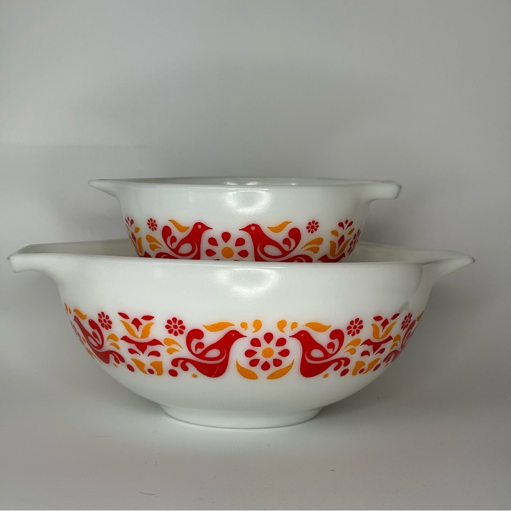Vintage Pyrex Friendship Cinderella Bowls 443 441 Retro Bird Pattern 1971